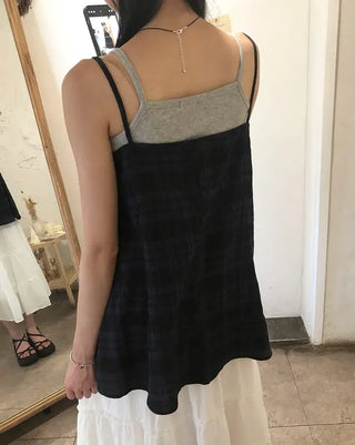 Vintage Check Layered Shirred Sleeveless Blouse