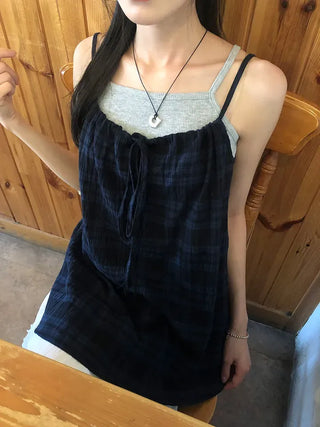 Vintage Check Layered Shirred Sleeveless Blouse