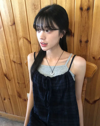 Vintage Check Layered Shirred Sleeveless Blouse