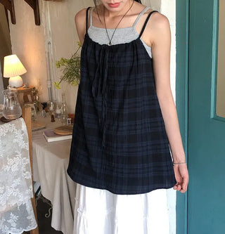 Vintage Check Layered Shirred Sleeveless Blouse