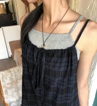 Vintage Check Layered Shirred Sleeveless Blouse