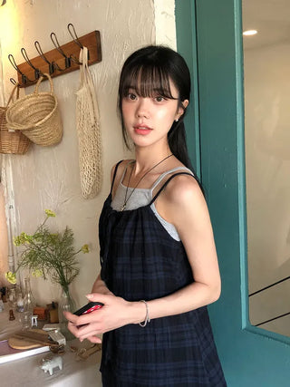 Vintage Check Layered Shirred Sleeveless Blouse