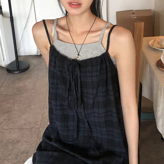 Vintage Check Layered Shirred Sleeveless Blouse