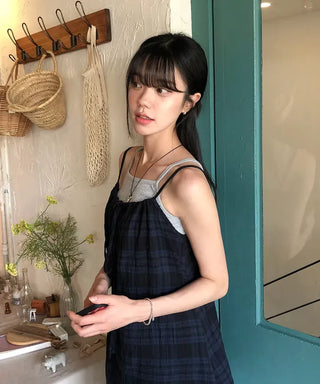 Vintage Check Layered Shirred Sleeveless Blouse