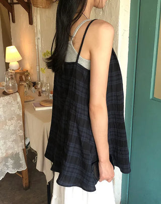 Vintage Check Layered Shirred Sleeveless Blouse