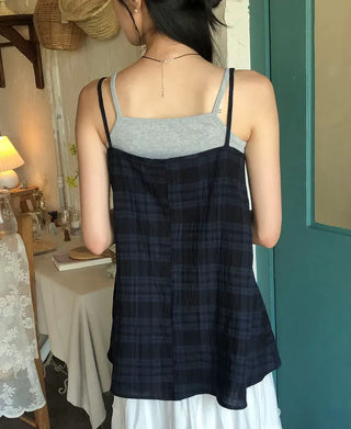 Vintage Check Layered Shirred Sleeveless Blouse