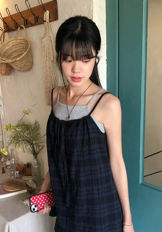 Vintage Check Layered Shirred Sleeveless Blouse