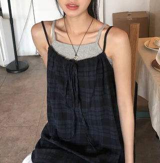 Vintage Check Layered Shirred Sleeveless Blouse