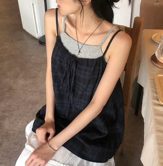 Vintage Check Layered Shirred Sleeveless Blouse