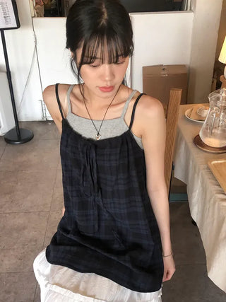 Vintage Check Layered Shirred Sleeveless Blouse