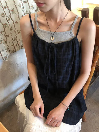 Vintage Check Layered Shirred Sleeveless Blouse