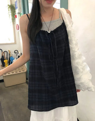 Vintage Check Layered Shirred Sleeveless Blouse