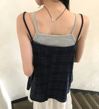 Vintage Check Layered Shirred Sleeveless Blouse
