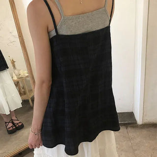 Vintage Check Layered Shirred Sleeveless Blouse