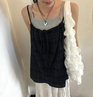 Vintage Check Layered Shirred Sleeveless Blouse