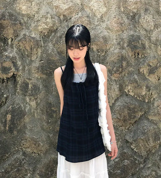 Vintage Check Layered Shirred Sleeveless Blouse