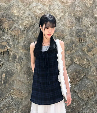 Vintage Check Layered Shirred Sleeveless Blouse