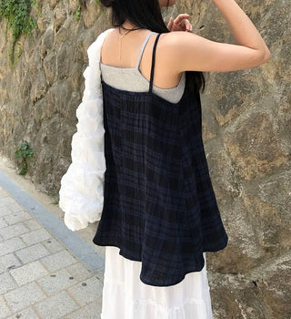 Vintage Check Layered Shirred Sleeveless Blouse