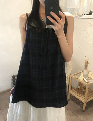 Vintage Check Layered Shirred Sleeveless Blouse
