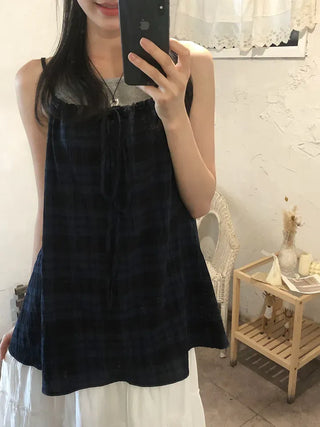 Vintage Check Layered Shirred Sleeveless Blouse