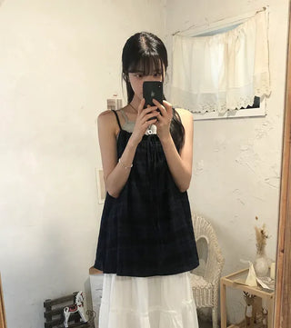 Vintage Check Layered Shirred Sleeveless Blouse