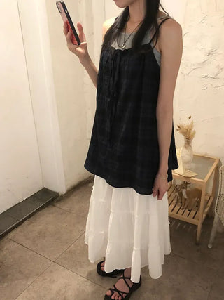 Vintage Check Layered Shirred Sleeveless Blouse