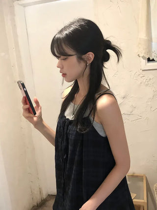 Vintage Check Layered Shirred Sleeveless Blouse