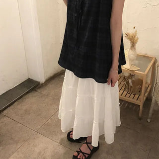 Pleated Punched Embroidery Flare Maxi Long Skirt