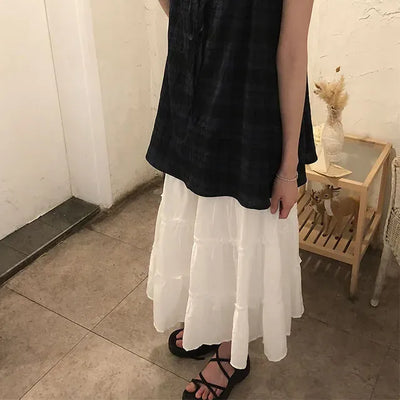 Pleated Punched Embroidery Flare Maxi Long Skirt