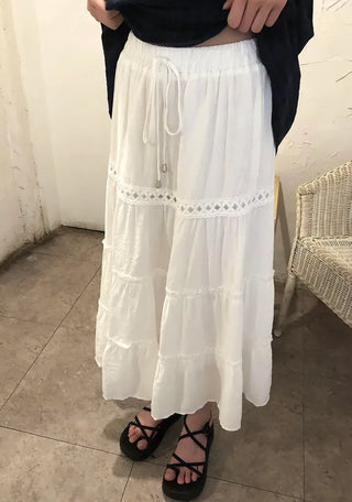 Pleated Punched Embroidery Flare Maxi Long Skirt