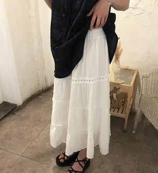 Pleated Punched Embroidery Flare Maxi Long Skirt