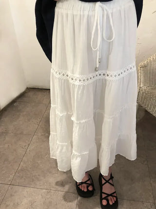 Pleated Punched Embroidery Flare Maxi Long Skirt