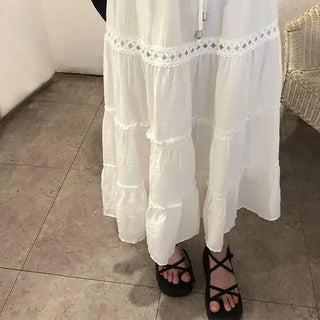 Pleated Punched Embroidery Flare Maxi Long Skirt
