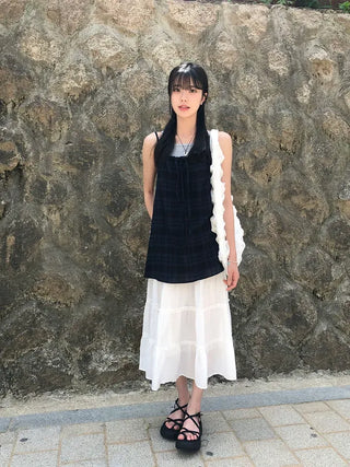 Pleated Punched Embroidery Flare Maxi Long Skirt