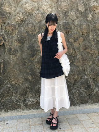 Pleated Punched Embroidery Flare Maxi Long Skirt