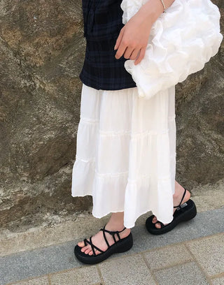 Pleated Punched Embroidery Flare Maxi Long Skirt