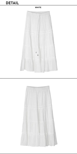 Pleated Punched Embroidery Flare Maxi Long Skirt