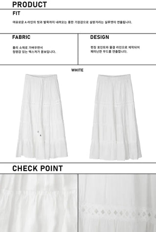 Pleated Punched Embroidery Flare Maxi Long Skirt