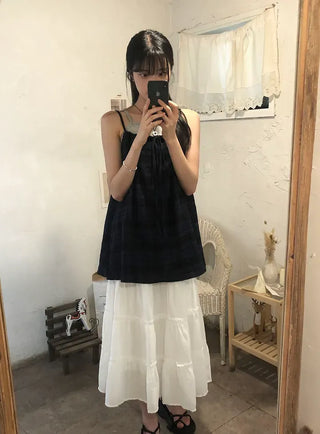 Pleated Punched Embroidery Flare Maxi Long Skirt