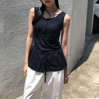 Vintage Frill Button Shirred Sleeveless Top