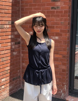 Vintage Frill Button Shirred Sleeveless Top