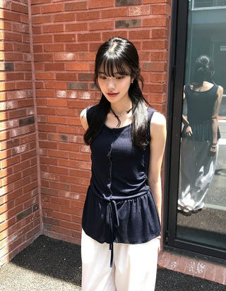 Vintage Frill Button Shirred Sleeveless Top