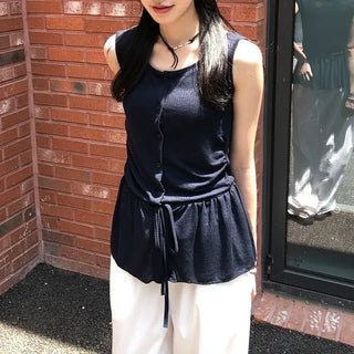 Vintage Frill Button Shirred Sleeveless Top