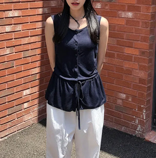Vintage Frill Button Shirred Sleeveless Top