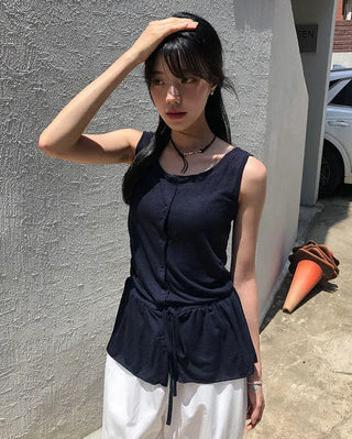 Vintage Frill Button Shirred Sleeveless Top