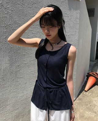 Vintage Frill Button Shirred Sleeveless Top