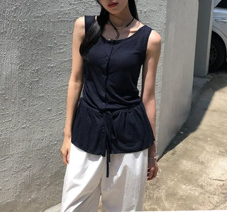 Vintage Frill Button Shirred Sleeveless Top