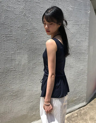Vintage Frill Button Shirred Sleeveless Top