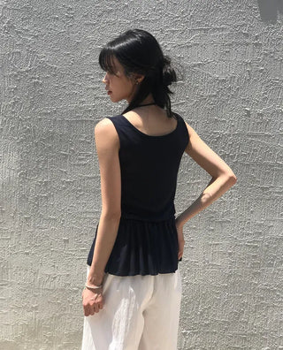 Vintage Frill Button Shirred Sleeveless Top