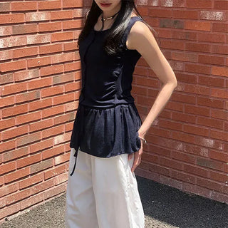 Vintage Frill Button Shirred Sleeveless Top